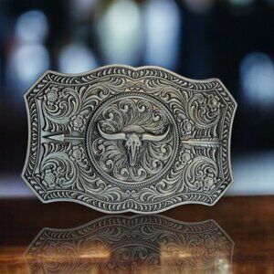 Western Longhorn Steer Head Belt Buckle Sterling Silver Finish